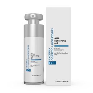 FCL AHA Lightening Gel bottle, showcasing its elegant packaging and key ingredients for radiant skin.