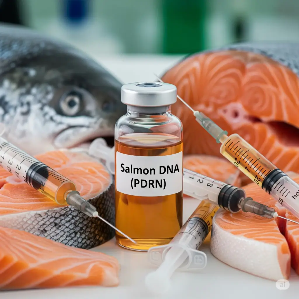 A vial of "Salmon DNA (PDRN)" serum surrounded by fresh salmon fillets and several syringes, representing a facial treatment.