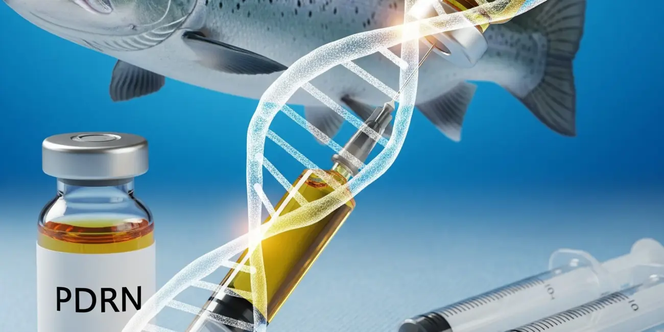 A detailed artistic rendering of a salmon DNA double helix with a syringe and fine injection needles. The image uses medical blues and iridescent green hues, and a subtle salmon fish silhouette is in the background.