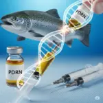A detailed artistic rendering of a salmon DNA double helix with a syringe and fine injection needles. The image uses medical blues and iridescent green hues, and a subtle salmon fish silhouette is in the background.