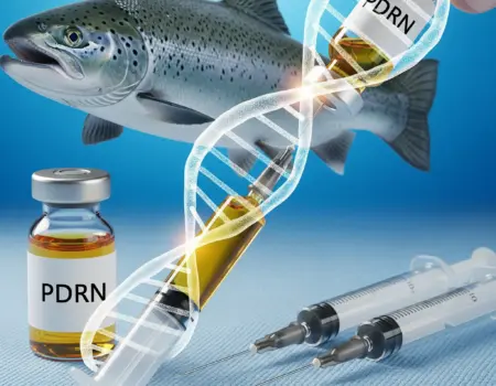 A detailed artistic rendering of a salmon DNA double helix with a syringe and fine injection needles. The image uses medical blues and iridescent green hues, and a subtle salmon fish silhouette is in the background.
