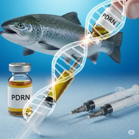 A detailed artistic rendering of a salmon DNA double helix with a syringe and fine injection needles. The image uses medical blues and iridescent green hues, and a subtle salmon fish silhouette is in the background.
