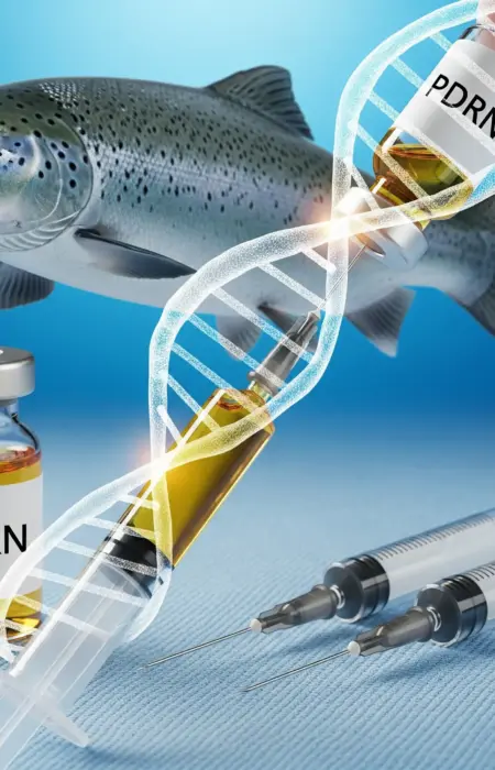 A detailed artistic rendering of a salmon DNA double helix with a syringe and fine injection needles. The image uses medical blues and iridescent green hues, and a subtle salmon fish silhouette is in the background.