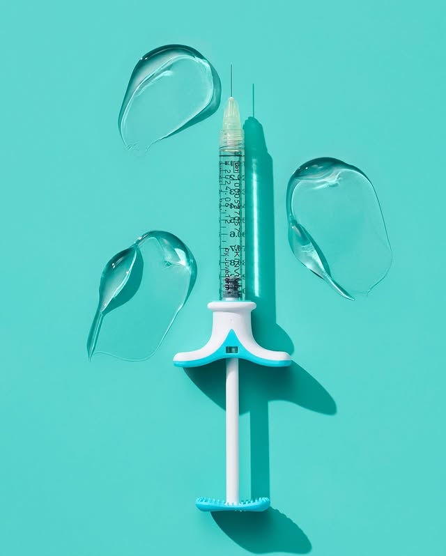 A close-up, top-down shot of a SKINVIVE by JUVÉDERM injectable gel syringe on a light blue background. The syringe is surrounded by four clear, gel-like swooshes, suggesting the product's texture and function for improving skin smoothness.