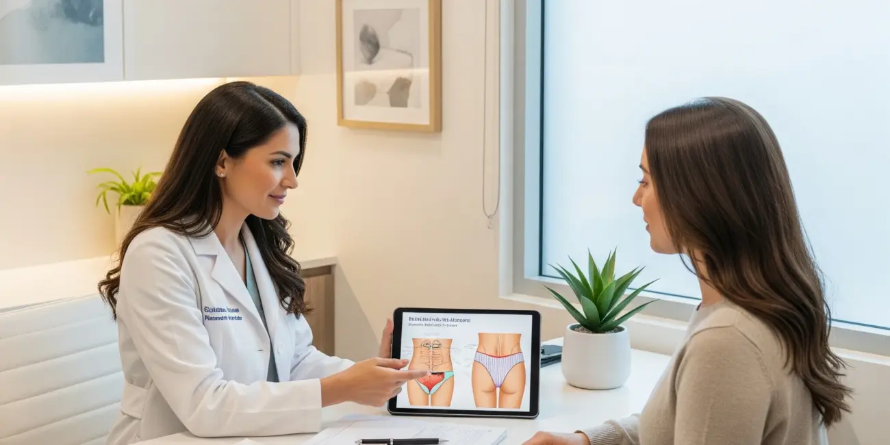 A dermatologist consulting with a patient about the safety of Bikini Laser Hair