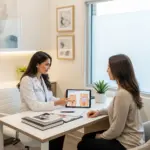A dermatologist consulting with a patient about the safety of Bikini Laser Hair