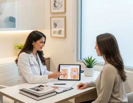 A dermatologist consulting with a patient about the safety of Bikini Laser Hair
