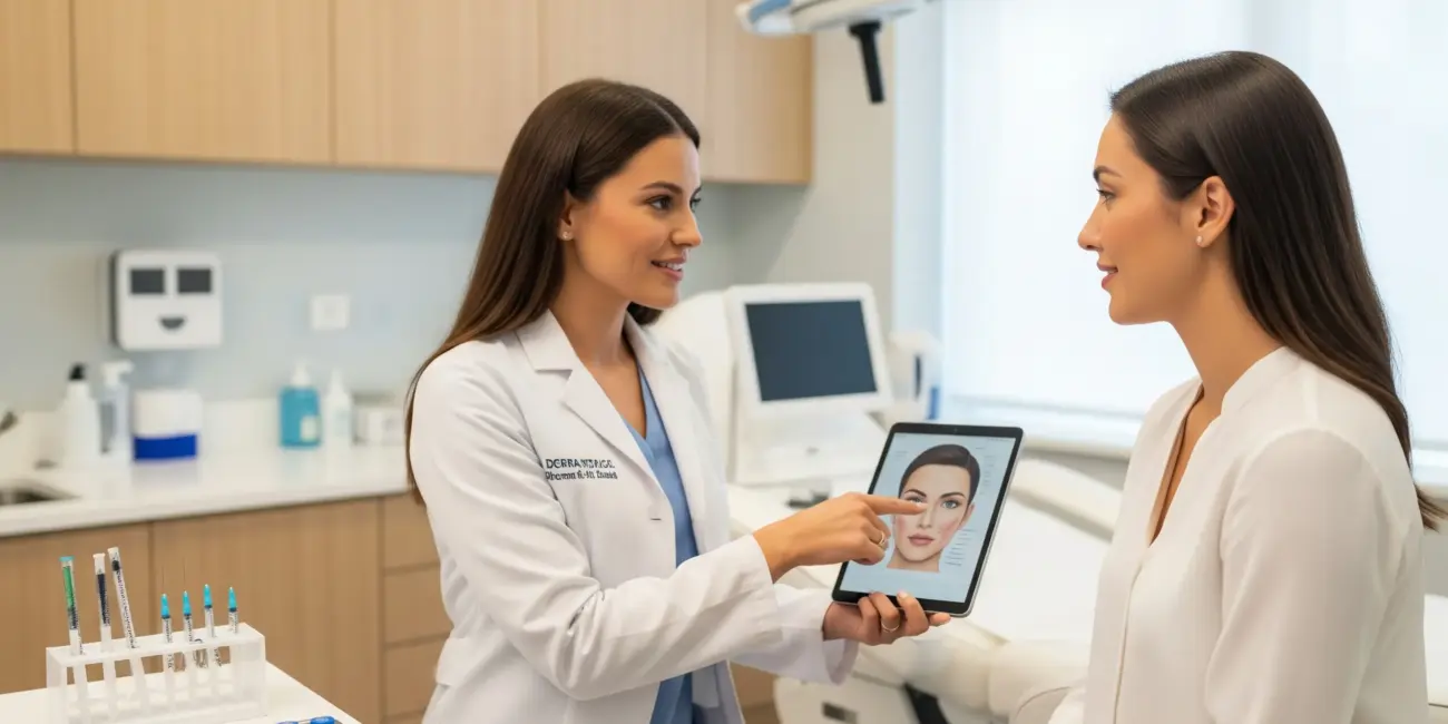 A female dermatologist consulting with a patient about the safety of dermal fillers at Paradise Wellness.