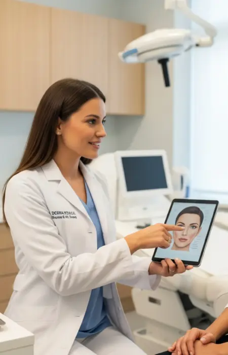 A female dermatologist consulting with a patient about the safety of dermal fillers at Paradise Wellness.