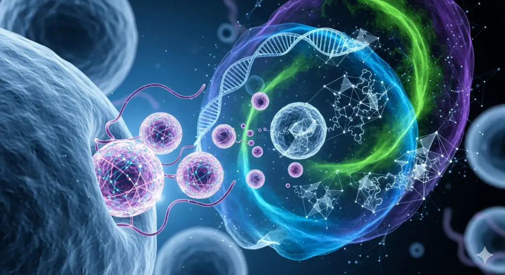 Abstract scientific illustration of exosomes as tiny cellular messengers, depicting their role in skin repair, rejuvenation, and anti-aging at a microscopic level. Visualizing advanced exosome therapy for cellular regeneration.