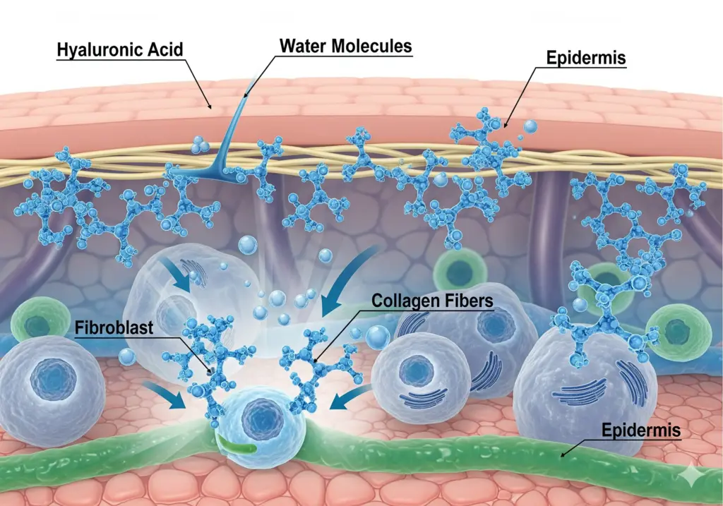 Diagram showing how Hyaluronic Acid (HA) fillers work in the skin, attracting water molecules and supporting collagen fibers.