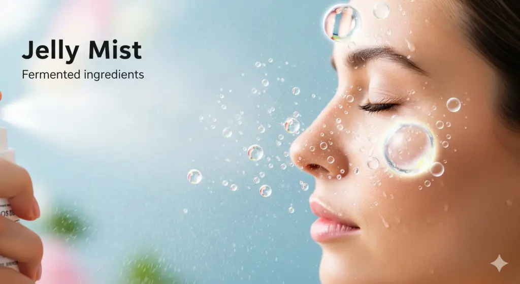 Woman enjoying a refreshing K-Beauty jelly mist spray, highlighting intense hydration and fermented ingredients for dewy, moisturized skin. Emphasizes the popular K-Beauty trend for instant glow and nourishment.