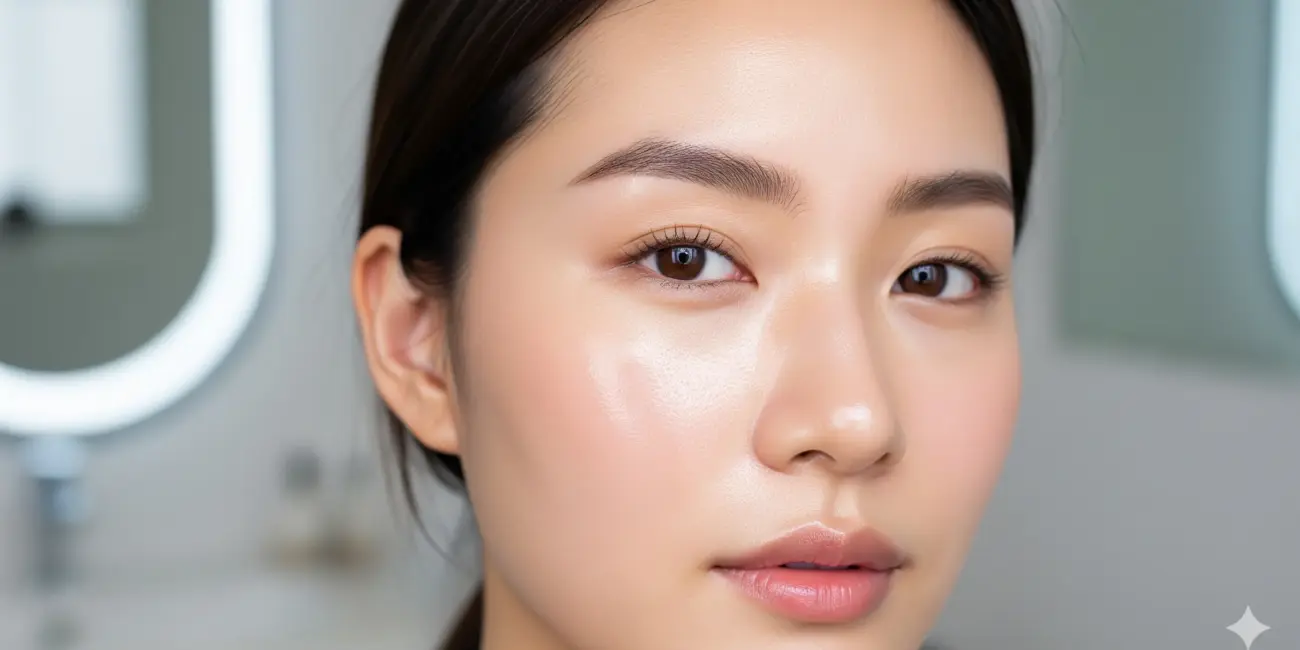 Close-up of a young woman with radiant 'glass skin,' showcasing the healthy and luminous complexion achieved with K-Beauty skincare. Her natural glow reflects the effectiveness of Korean beauty treatments for clear and hydrated skin.