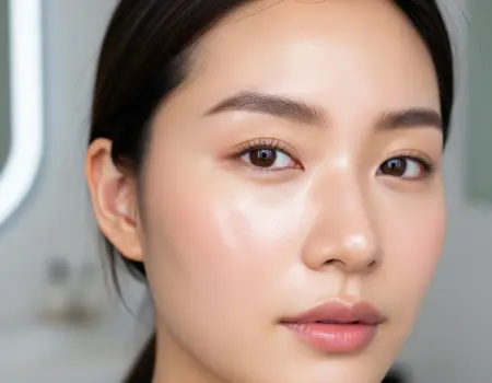 Close-up of a young woman with radiant 'glass skin,' showcasing the healthy and luminous complexion achieved with K-Beauty skincare. Her natural glow reflects the effectiveness of Korean beauty treatments for clear and hydrated skin.