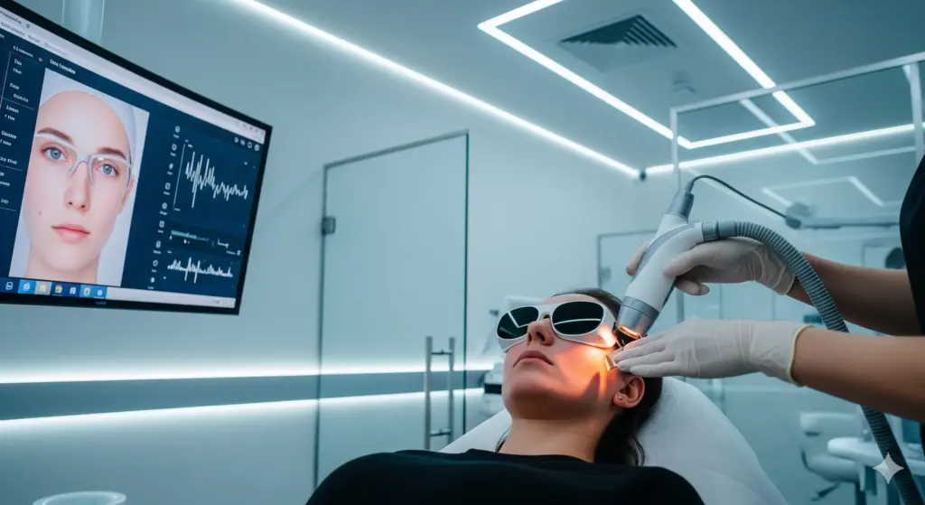 Patient receiving a high-tech K-Beauty inspired laser toning treatment in a modern clinic, showcasing advanced cosmetic procedures for skin brightening and texture improvement. Illustrates non-invasive aesthetic treatments.
