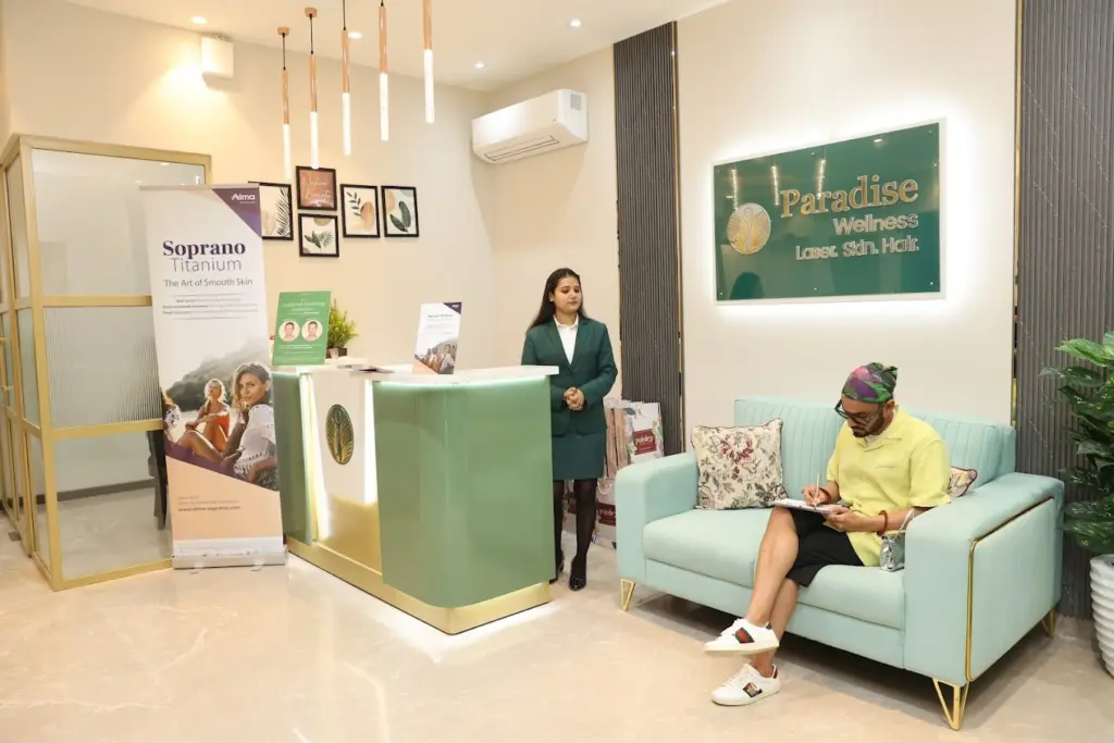 Luxurious waiting area at Paradise Wellness Vasant Vihar