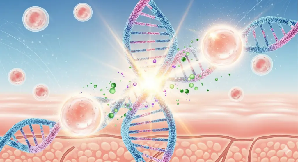 Conceptual image of DNA helix structures interacting with skin cells, illustrating the healing and regenerative properties of PDRN (salmon DNA) therapy for skin repair and brightening. Highlights the cellular benefits of polynucleotide treatments.
