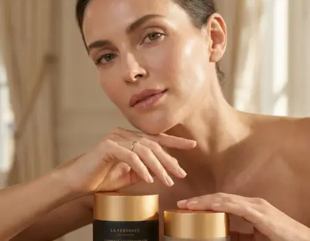 Close-up of La Fervance skincare application during a luxury facial in Delhi