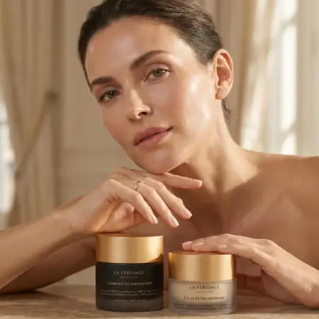 Close-up of La Fervance skincare application during a luxury facial in Delhi