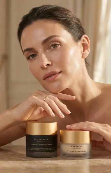 Close-up of La Fervance skincare application during a luxury facial in Delhi