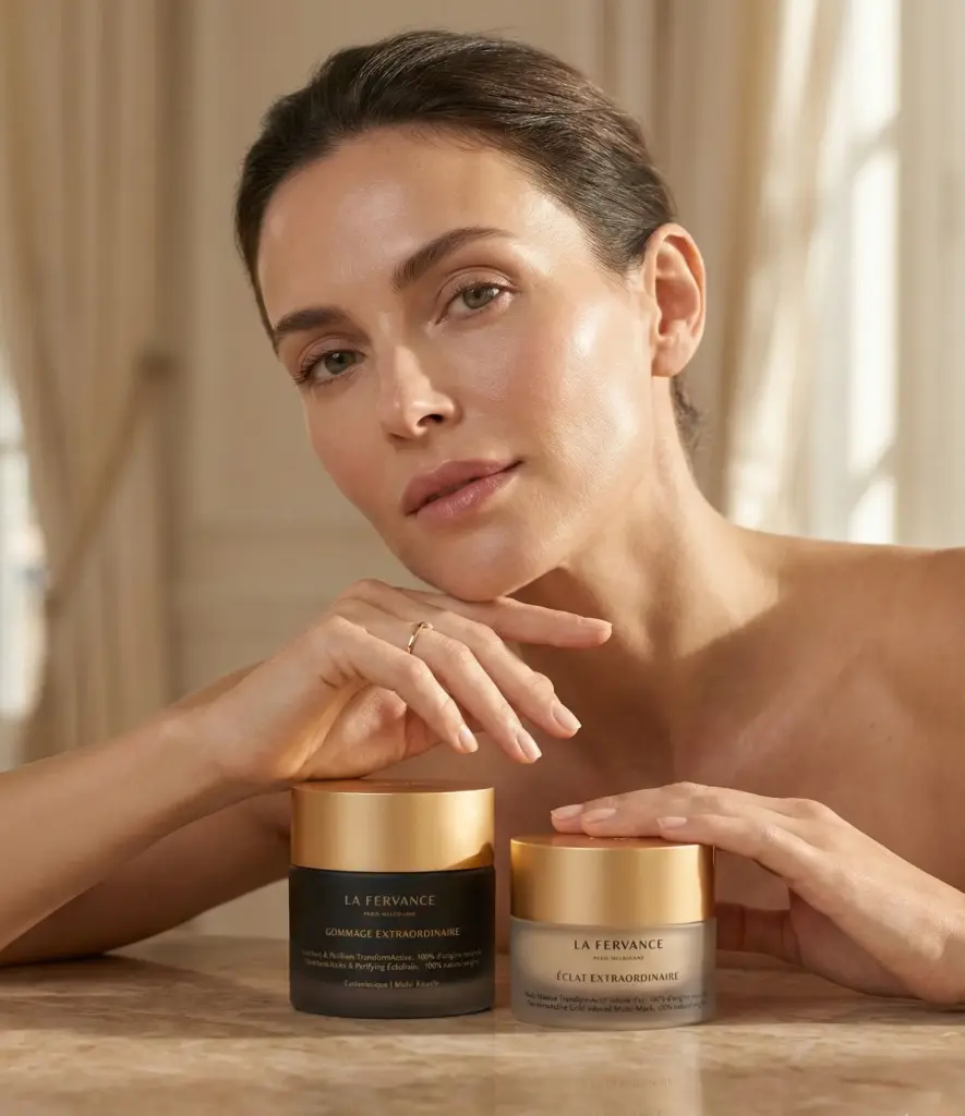 Close-up of La Fervance skincare application during a luxury facial in Delhi