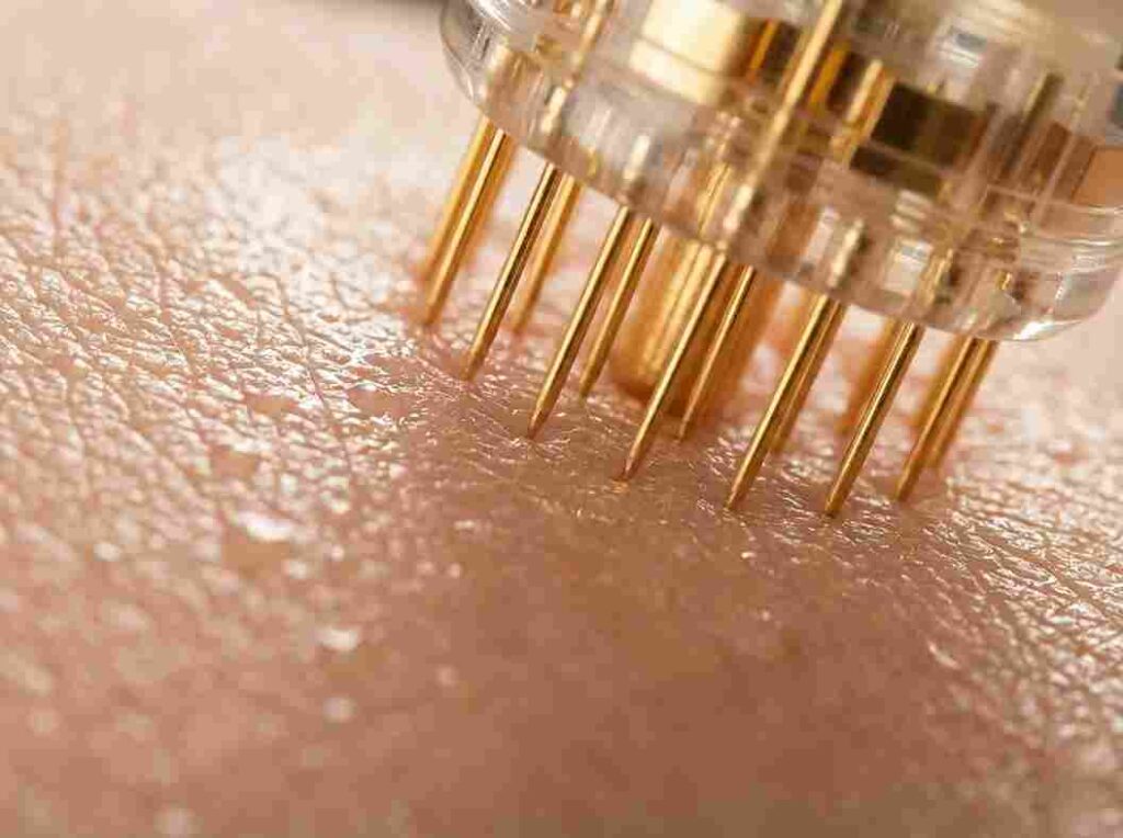 Close-up of 24K gold micro-needles used in Aqua Gold Facial for smooth and refined skin texture