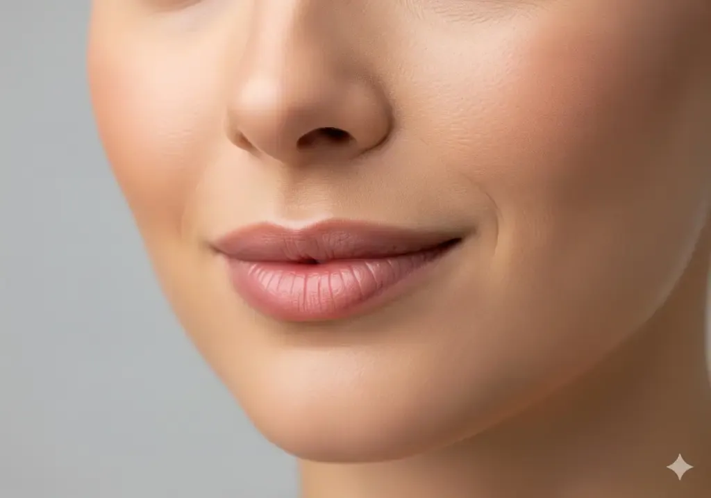 A patient's subtle and natural lip enhancement with fillers at Paradise Wellness in Delhi.