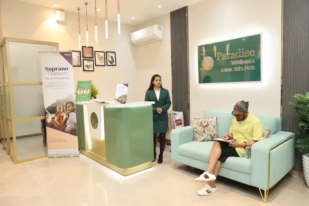 Luxurious waiting area at Paradise Wellness Vasant Vihar