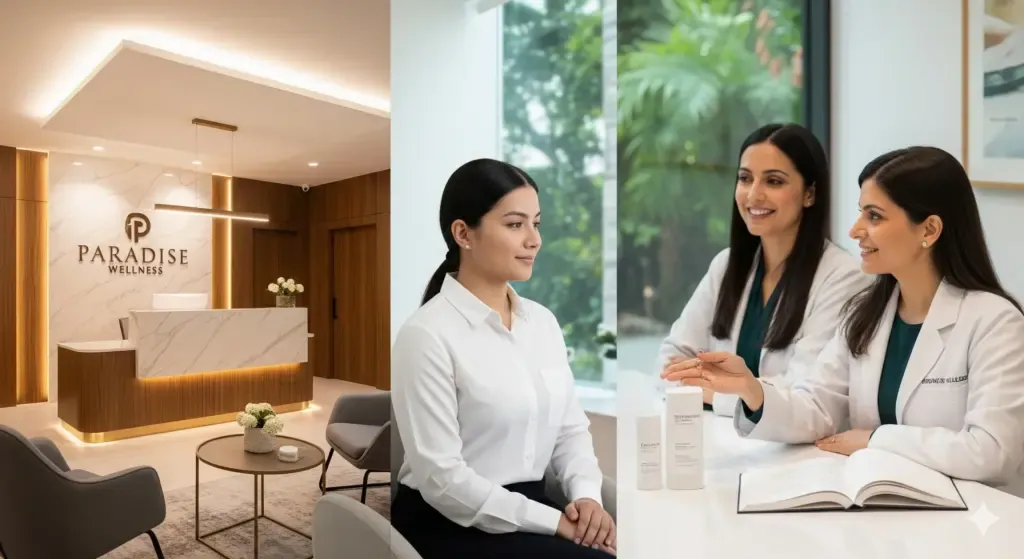 Two-part image showing the luxurious reception area of Paradise Wellness and an Indian dermatologist consulting with a client, representing accessible K-Beauty innovations in Delhi. Highlights personalized care and expert guidance.