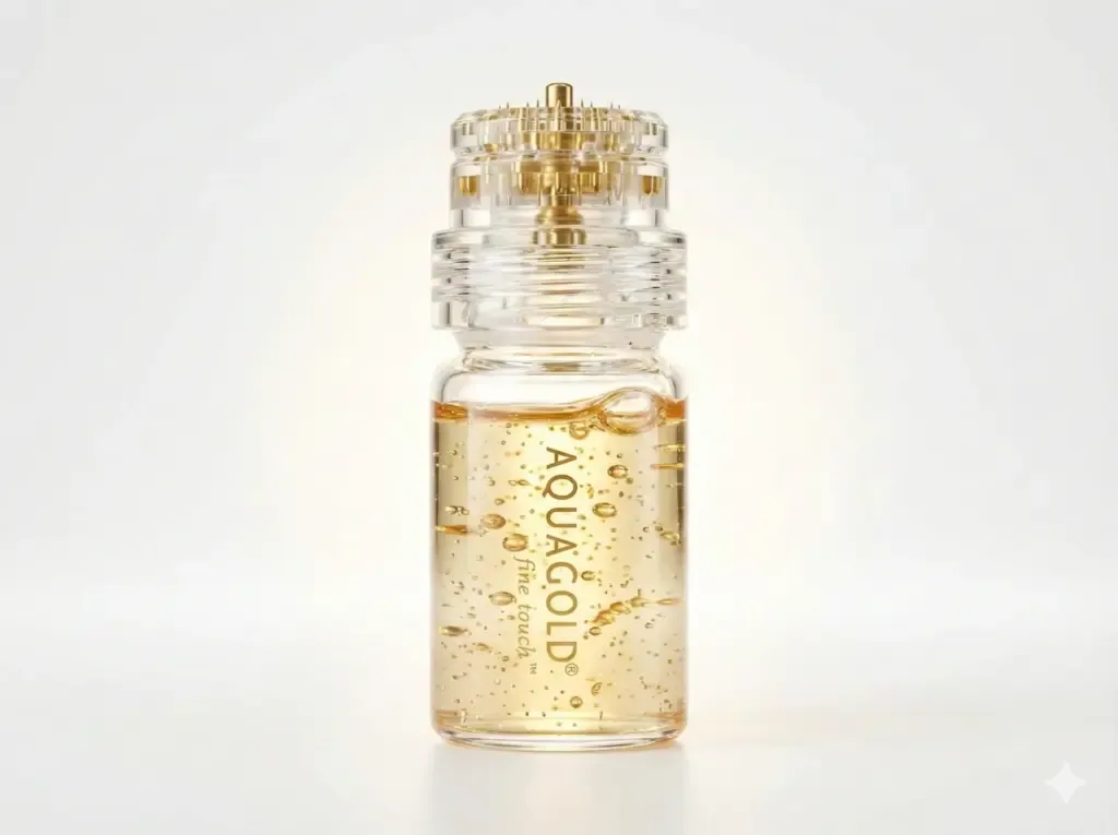 Aqua Gold Facial 24K Gold microneedling device with gold microchannels used on cheek for pore tightening